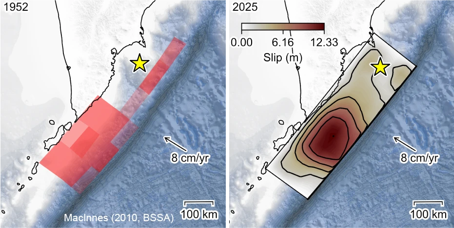 Comparison of slip distributions in 1952 and 2025