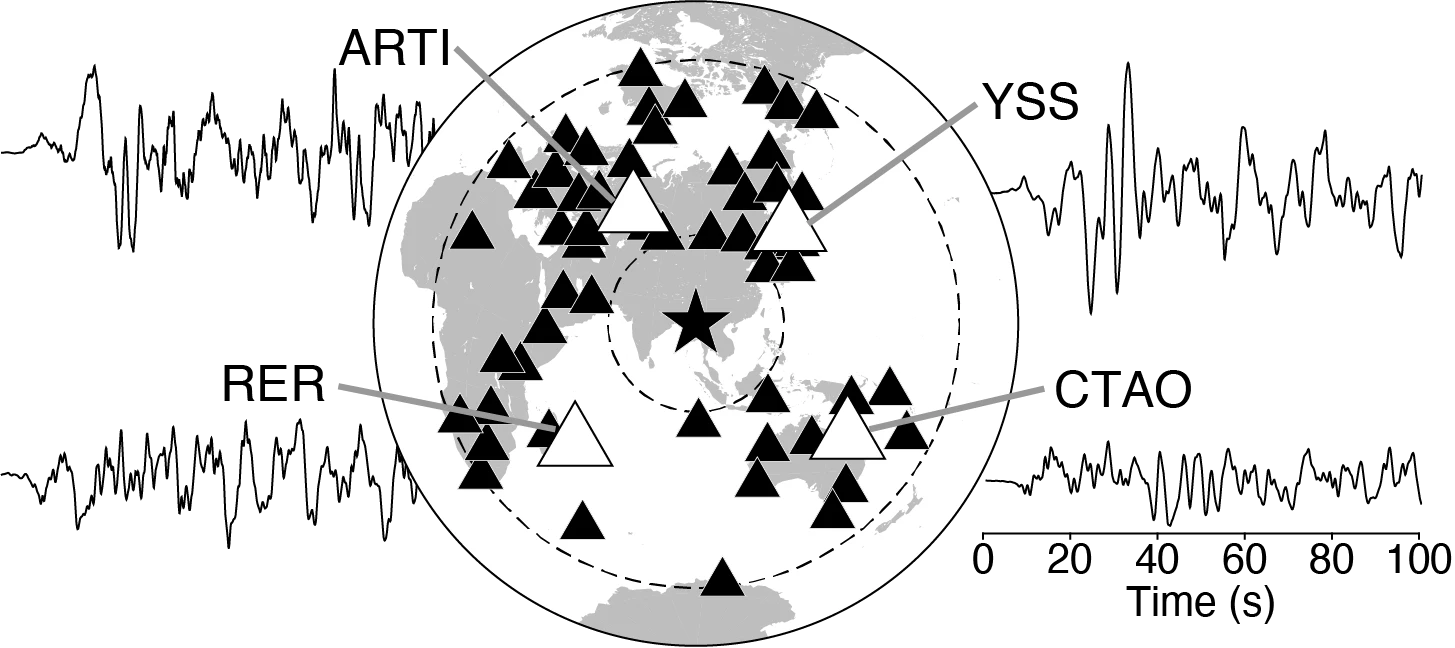 Comparison of seismic waveforms showing larger amplitudes to the north